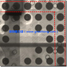 BGA錫球尺寸小于0.4mm，采用降低BGA內(nèi)圍襲球的錫膏量所得到X-Ray，稍微留意一下可以發(fā)現(xiàn)最外圈的錫量(圓的直徑)比其他內(nèi)圍的錫球上的錫量來得多一點點。也就是外圈的黑色圓形直徑比內(nèi)圈的圓形來得大一點點。