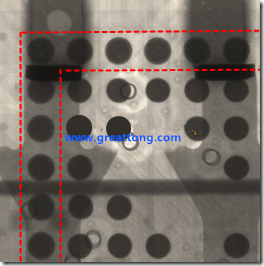 BGA錫球尺寸小于0.4mm，采用降低BGA內(nèi)圍襲球的錫膏量所得到X-Ray，稍微留意一下可以發(fā)現(xiàn)最外圈的錫量(圓的直徑)比其他內(nèi)圍的錫球上的錫量來得多一點點。也就是外圈的黑色圓形直徑比內(nèi)圈的圓形來得大一點點。