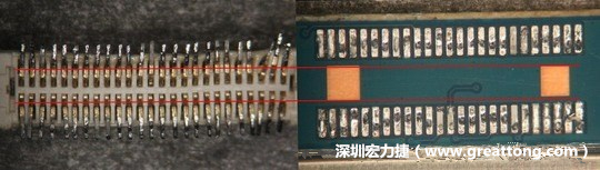 把板對板連接器與其電路板的佈線焊墊作一個(gè)比較，端子的切斷面有毛邊的地方剛好對到了裸銅區(qū)。