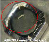 使用錫(Sn)鍍層的電源電感器(Power Inductors)，經(jīng)過推力測試后，其焊點(diǎn)還保留在零件的端點(diǎn)上，所以推力比較高。