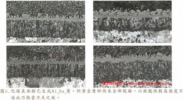 下面四圖顯示，當(dāng)焊接的熱量不足或未持續(xù)時(shí)，雖然Ni3Sn4的薄薄IMC層已經(jīng)生成而焊牢，但也會(huì)因?yàn)锳uSn及AuSn2還未來得及逸走，而停留在共金介面附近，當(dāng)有外力拉扯的時(shí)候，就很容易斷裂開來。這就是為何ENIG的焊點(diǎn)強(qiáng)度，始終不如銅面焊點(diǎn)(Cu6Sn5)來得更為牢固的主因之一。