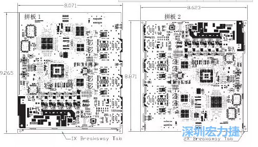 如圖7所示是使用不同數(shù)量邊條的拼板，拼板1僅使用了一個邊條，直接利用PCB另一邊作為SMT工藝傳送邊，并且PCB圖形中有合適的安裝孔；而拼板2則是按常規(guī)設(shè)計了兩個邊條。拼板方式為連接筋。圖中“Breakaway Tab”指邊條-深圳宏力捷