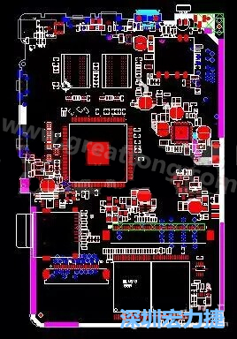 上圖是一個(gè)開發(fā)板的PCB，從布局中可以看出各個(gè)接口電路分離很明確，SDRAM和DDR以及SD卡接口電路等走線不會(huì)造成相互的干擾。-深圳宏力捷