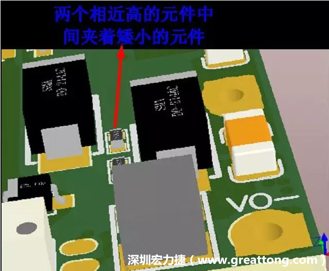 放置器件時要考慮以后的焊接和維修，兩個高度高的元件之間盡量避免放置矮小的元件