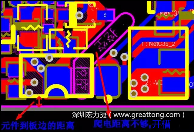 如果碰到模塊PCB空間有限，爬電距離不夠，可以采用開槽的方式