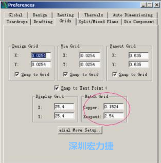  改銅皮的填充網(wǎng)格Global→Design Units，填充方向Drafting→Direction；Hatch Grid中Copper此數(shù)值為大銅箔中所填充的線條中心到中心的距離。