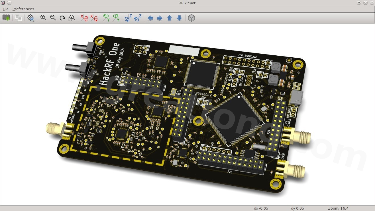 經(jīng)KiCad軟體3D功能渲染過的HackRF One電路板。