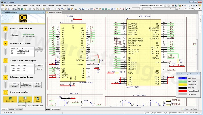 XJTAG DFT Assistant的Access Viewer模式可以清楚地顯示可用的測試存取層級，讓電路板設(shè)計人員在展開PCB布局以前的原理圖擷取階段盡可能地提高測試存取能力