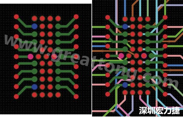 圖7：焊盤內過孔用于內部，而外部接腳在0.5mm閘格上扇出。圖7a顯示的是頂層(左)；圖7b顯示頂層和內部布線層(右)。