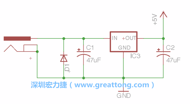 新增RBBB→Power_Jack，將它放在電壓調(diào)整器的輸入端旁邊。