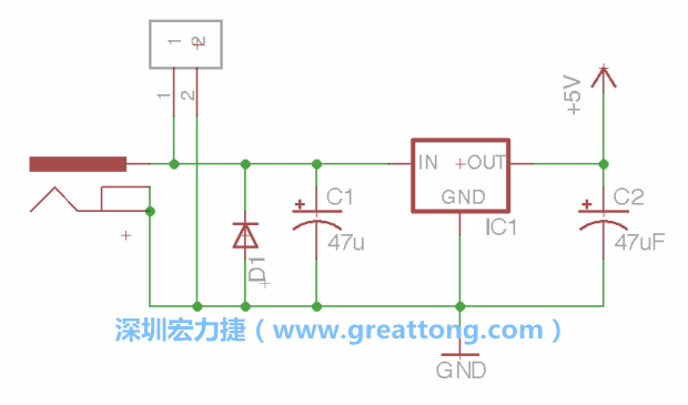 2.5.    新增一個二極體，它會以水平的狀態(tài)出現(xiàn)在屏幕上，請使用「旋轉(zhuǎn)（Rotate）」工具把它負(fù)極那一面朝上，并且用「網(wǎng)絡(luò)連接」工具將它連接在電壓調(diào)整器的輸入端和接地端之間。