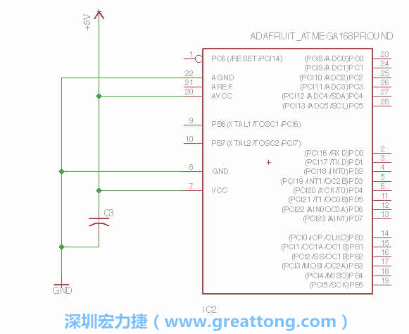 3.1.    新增微控制器晶片（RBBB → ATmega），把它放在電路原理圖的中央附近，把它的兩個(gè)接地接頭連接到接地訊號端。