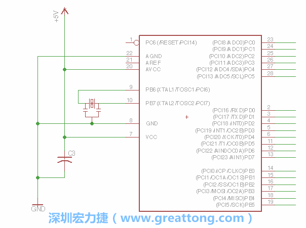 3.2.    在靠近ATmega的電源供應(yīng)針腳7的位置放置一個(gè)0.1μF的電容，將它分別連接電源、接地端和針腳7。