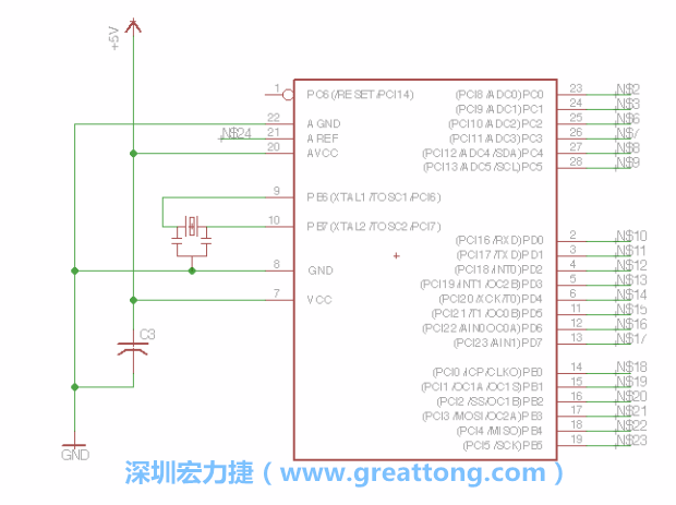 3.3.    將共鳴器（resonator）放置在針腳9和針腳10附近，將它的三個(gè)針腳連接如圖所示，并確認(rèn)最中間的針腳有連到接地端。