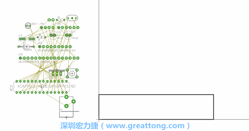 第一次執(zhí)行布線編輯器時，你會發(fā)現有兩個區(qū)塊，左邊的區(qū)塊非?；靵y，而右邊的區(qū)塊則是一個長方形的工作區(qū)域，EAGLE免費版會限制你的工作區(qū)域在4” x 3.2”的范圍內，如果你試圖將元件擺放在工作區(qū)外的話，就會跳出警示訊息。