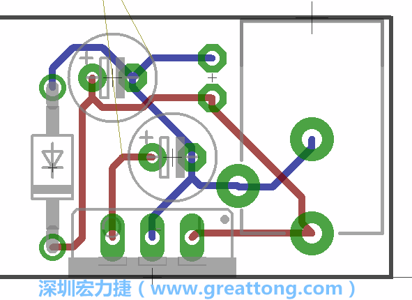 接地連結點的布線情形如下圖所示，利用這個練習來避免電路連線銳角化的產生是一個不錯的選擇，你可以在工具列中的彎曲線路（Wire Bend）選項里改變各種布線的變化。
