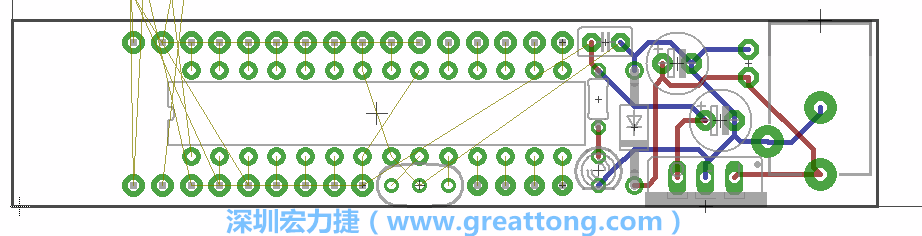 將ATmega微控制器、三個GPIO排針（JP2, JP3, JP4）和諧振器（resonator）排置如上圖所示。