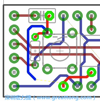要在電路板正面進行+5V信號線連結和其他連結點的布線工作是非常容易的，而重置信號線（信號線用來連結電路板正面左邊的重置開關）需要經過一個可以通過電路板正反兩面的電路通道，這個通道是一個可以讓電路板正反兩面線路連接的一個小孔。