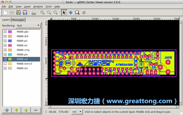 將圖層匯入你的Gerber預覽工具內(nèi)（下圖為Gerbv），我通常會從上到下重新排列它們的順序，好讓我比較好校對：