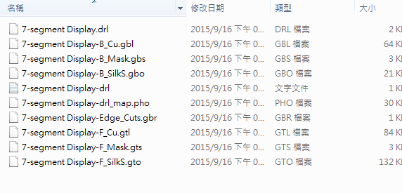 所謂Gerber檔，其實是包含一群檔案 (如下圖所示)，如包含正反面銅箔層 F.Cu B.Cu.，正反面文字面 F.Silkscreen ，B.Silkscreen，防焊層 SolderMask、板邊裁切Edge.Cuts 等。