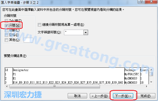 新增一個新的Excel文檔，[資料]匯入[從文字檔]，然后選擇剛產(chǎn)生的BOM (.csv)檔案，并以"分號"作為分隔符號。