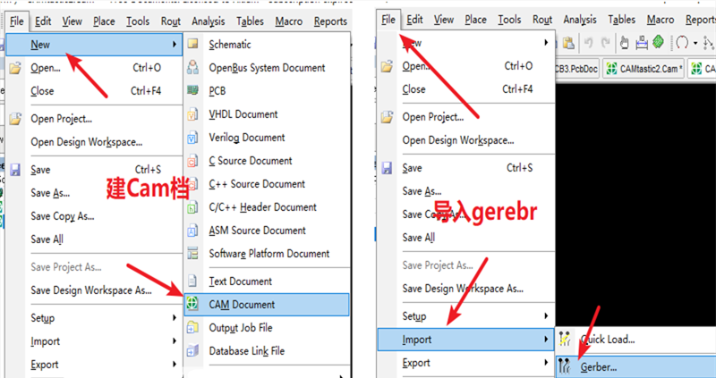 在File下新建 Cam檔，建后再File下導(dǎo)入Gerber文件，選擇所有文件導(dǎo)入gerber。