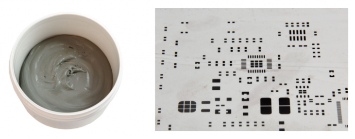 焊膏（左），PCB模板激光切割孔（右）